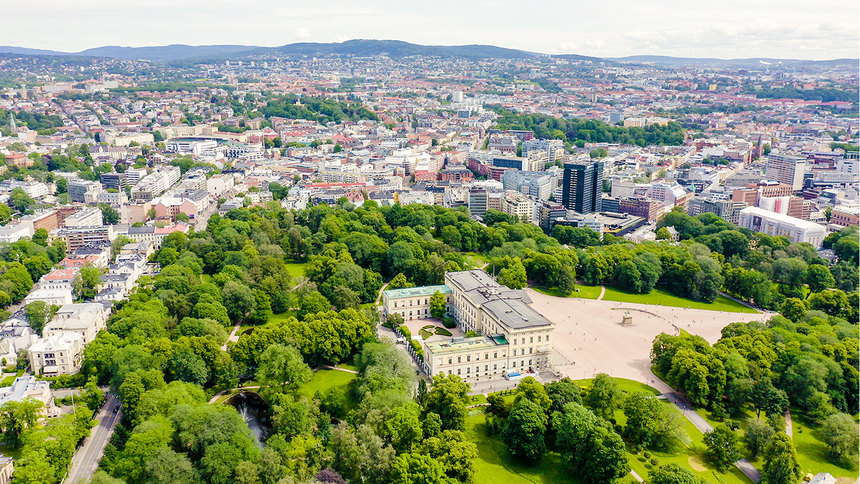 Slottsparken og Oslo sentrum sett ovenfra, med Det kongelige slott omgitt av grøntområder.