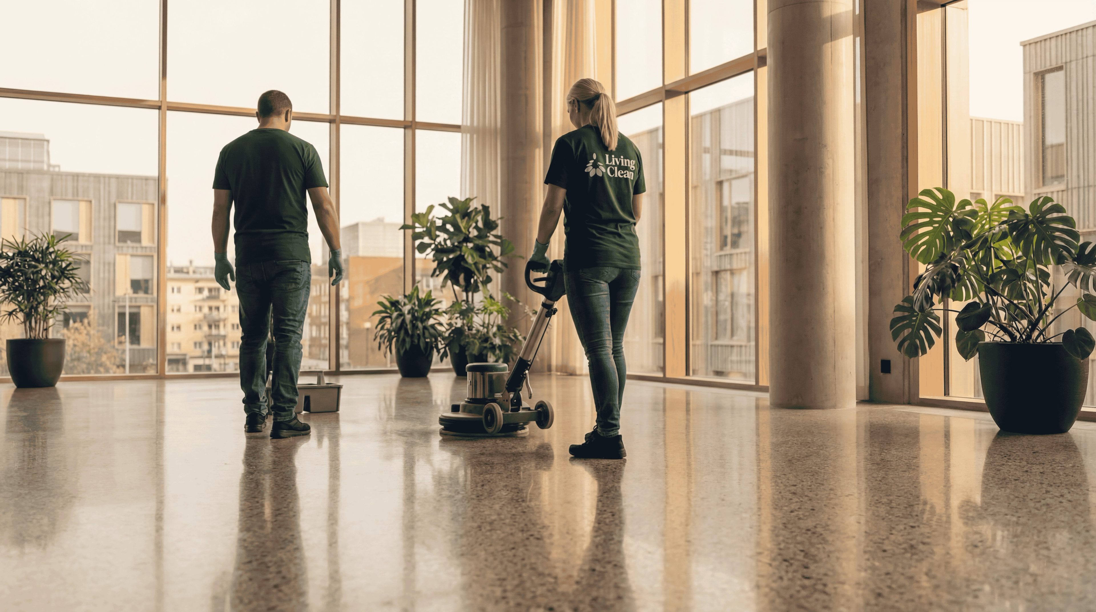 To Living Clean-ansatte i grønne uniformer beveger seg gjennom en lys kontorlobby med gulvpoleringsmaskin og planter.