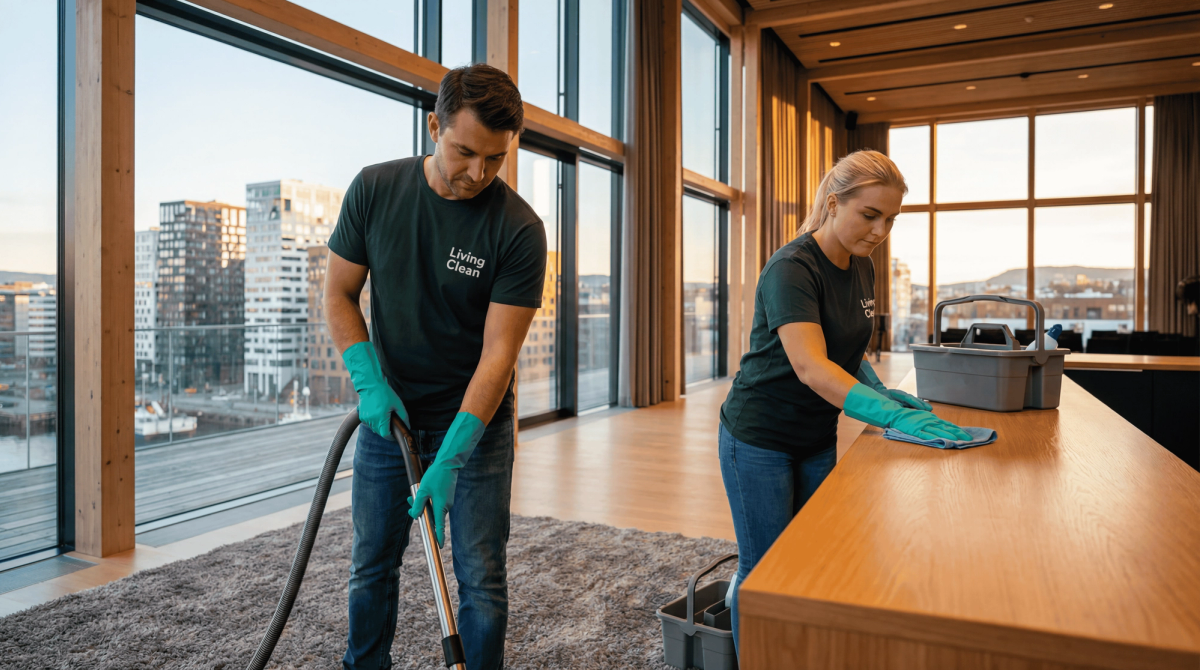 To Living Clean-ansatte utfører grundig rengjøring i et kontorlokale – en støvsuger teppe, en tørker av en resepsjonsdisk.
