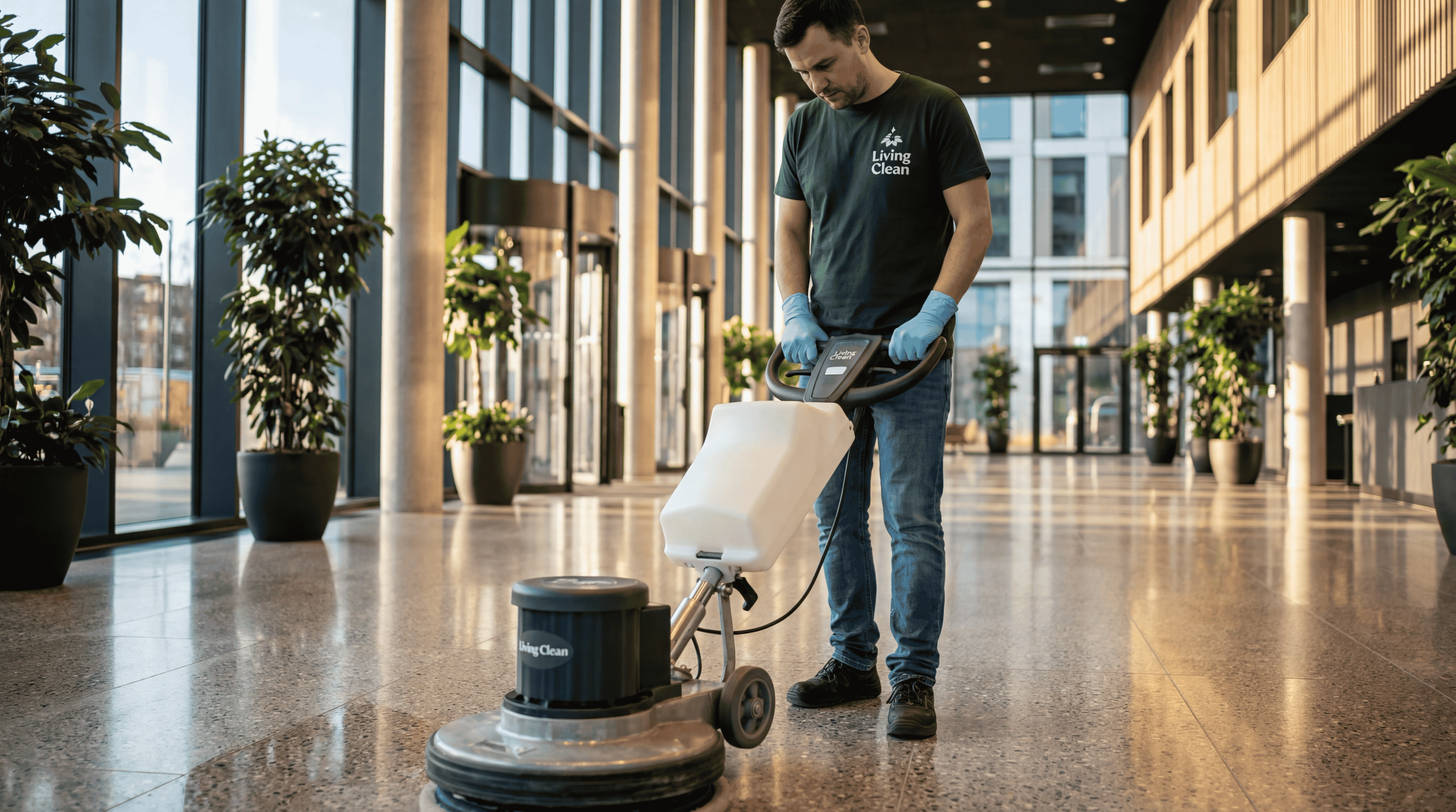 Living Clean-ansatt bruker gulvpoleringsmaskin på et blankt gulv i en kontorlobby.