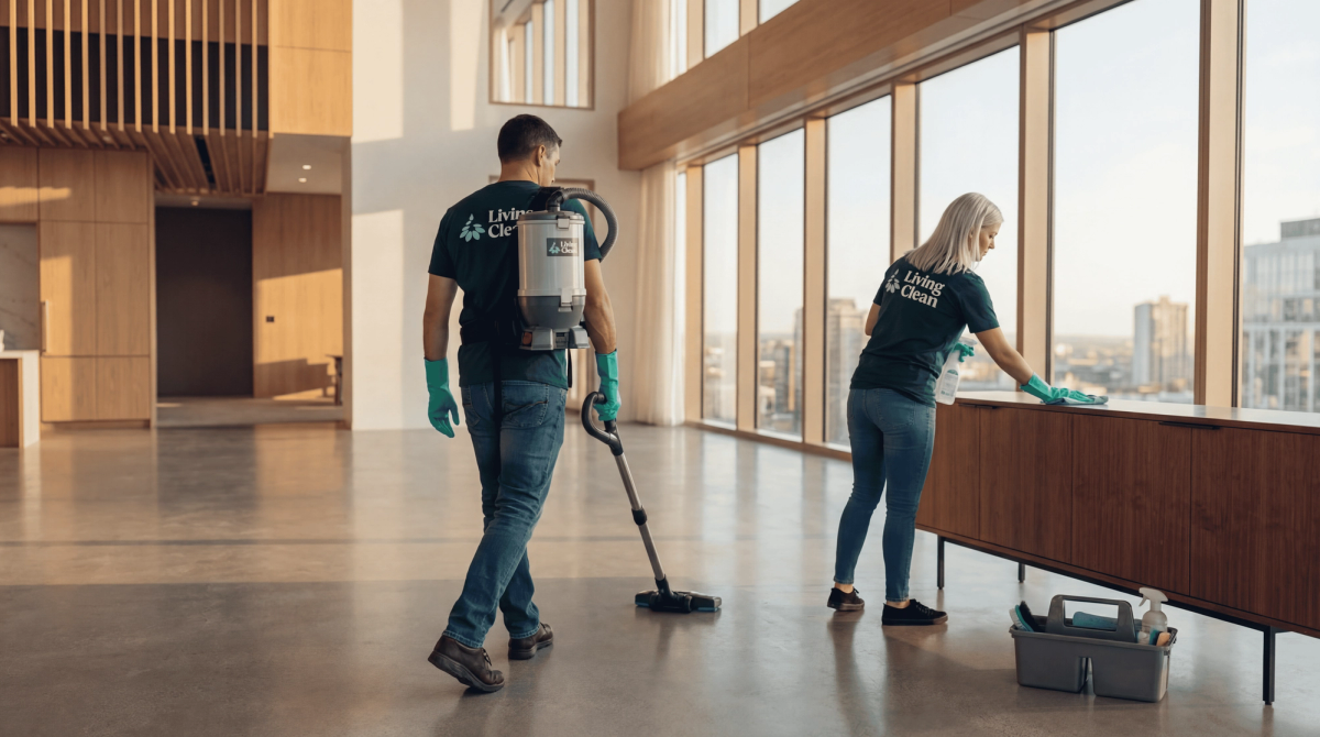 To Living Clean-ansatte rengjør et kontorlokale med utsikt over byen – en støvsuger, en tørker av en skjenk.