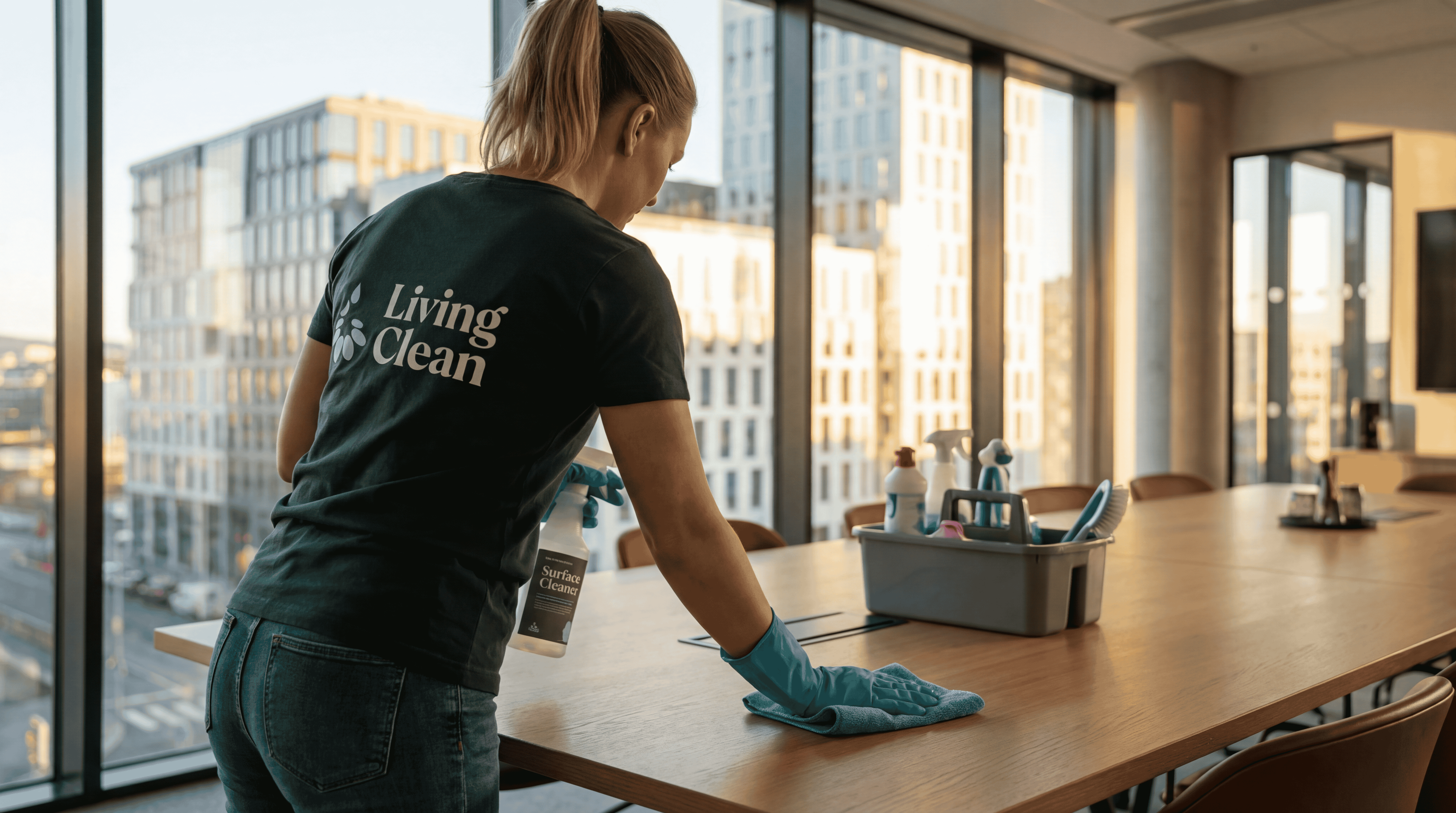 Living Clean-ansatt rengjør et møtebord med rengjøringsprodukter, med utsikt over byen i bakgrunnen.