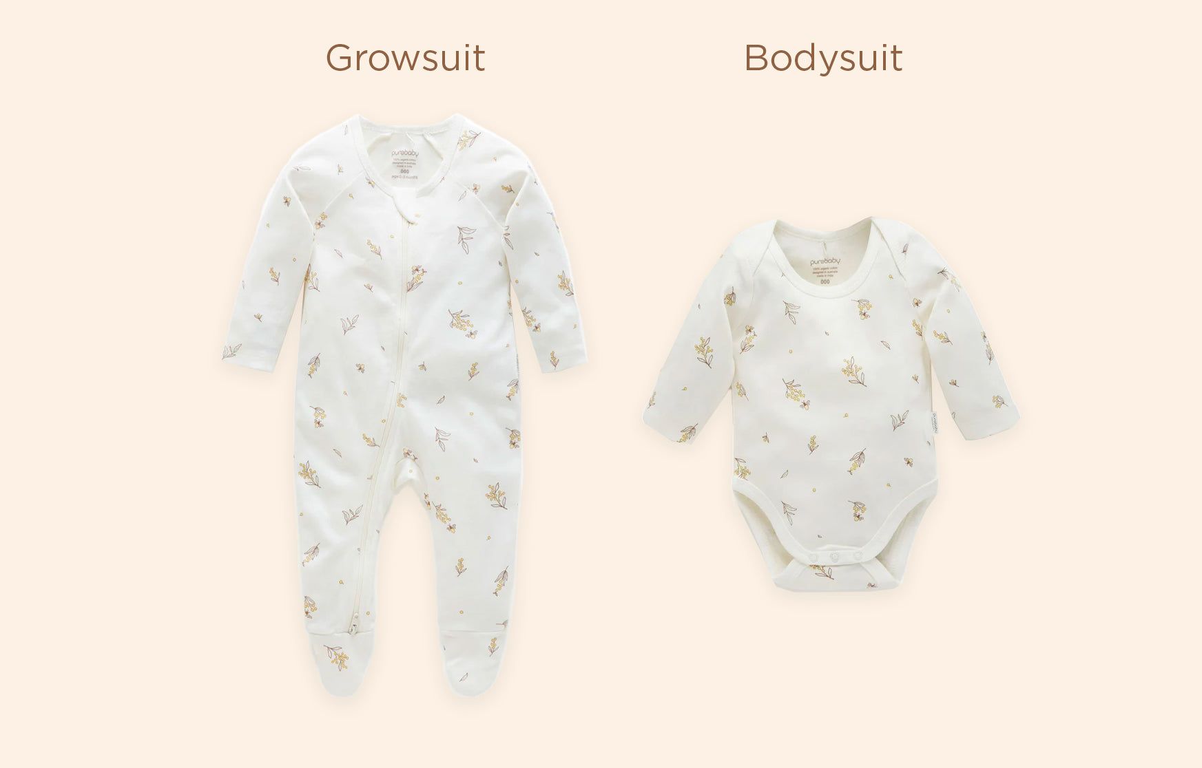 Image of a Growsuit and bodysuit next to each other