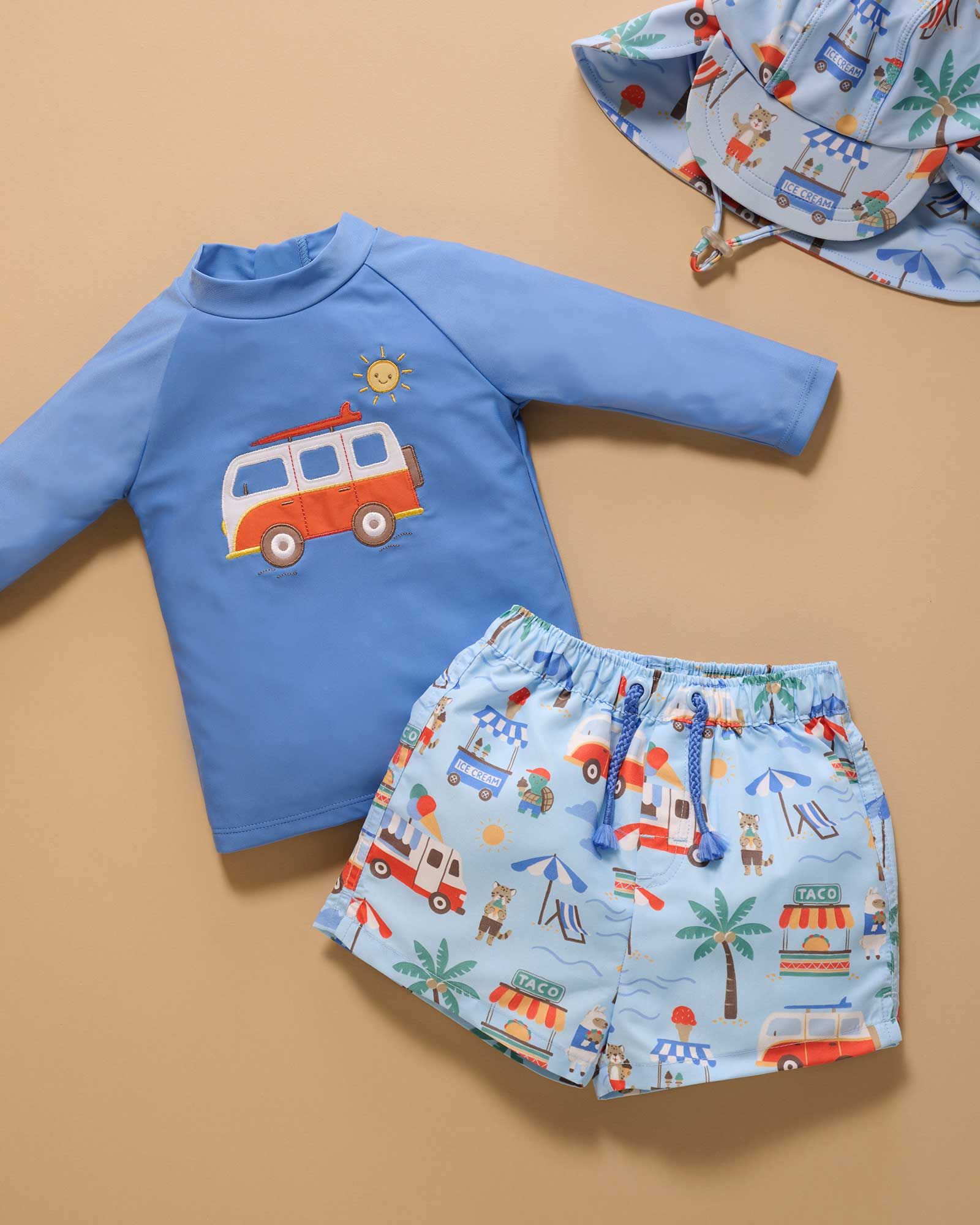 Blue Purebaby long sleeve swim top and shorts