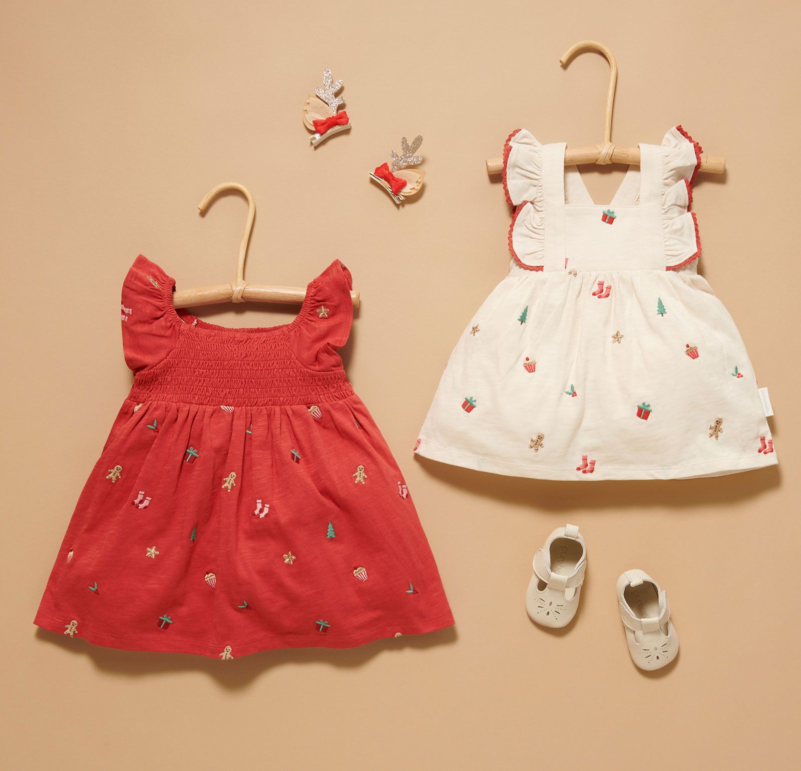 Red kids Christmas dress, white baby Christmas dress and accessories