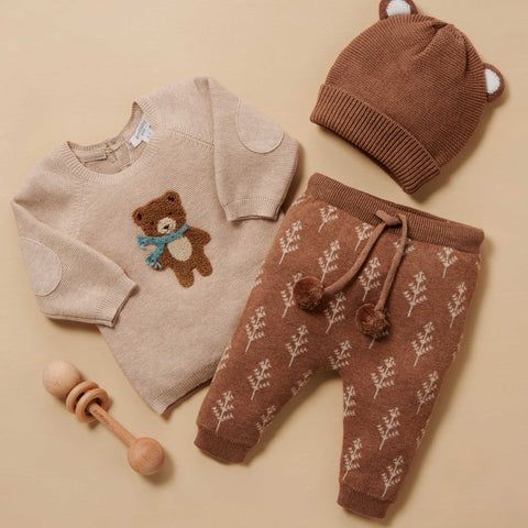 Purebaby baby knitted bear jumper, leggings, beanie and wooden rattle