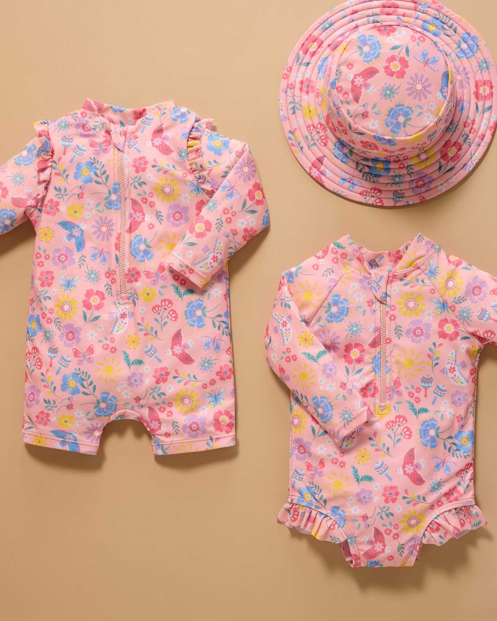 2 pink floral Purebaby one piece swimsuits