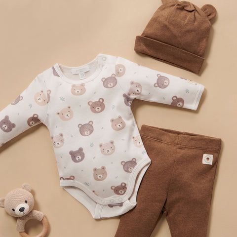 Purebaby baby bodysuit, leggings and hat with bear rattle