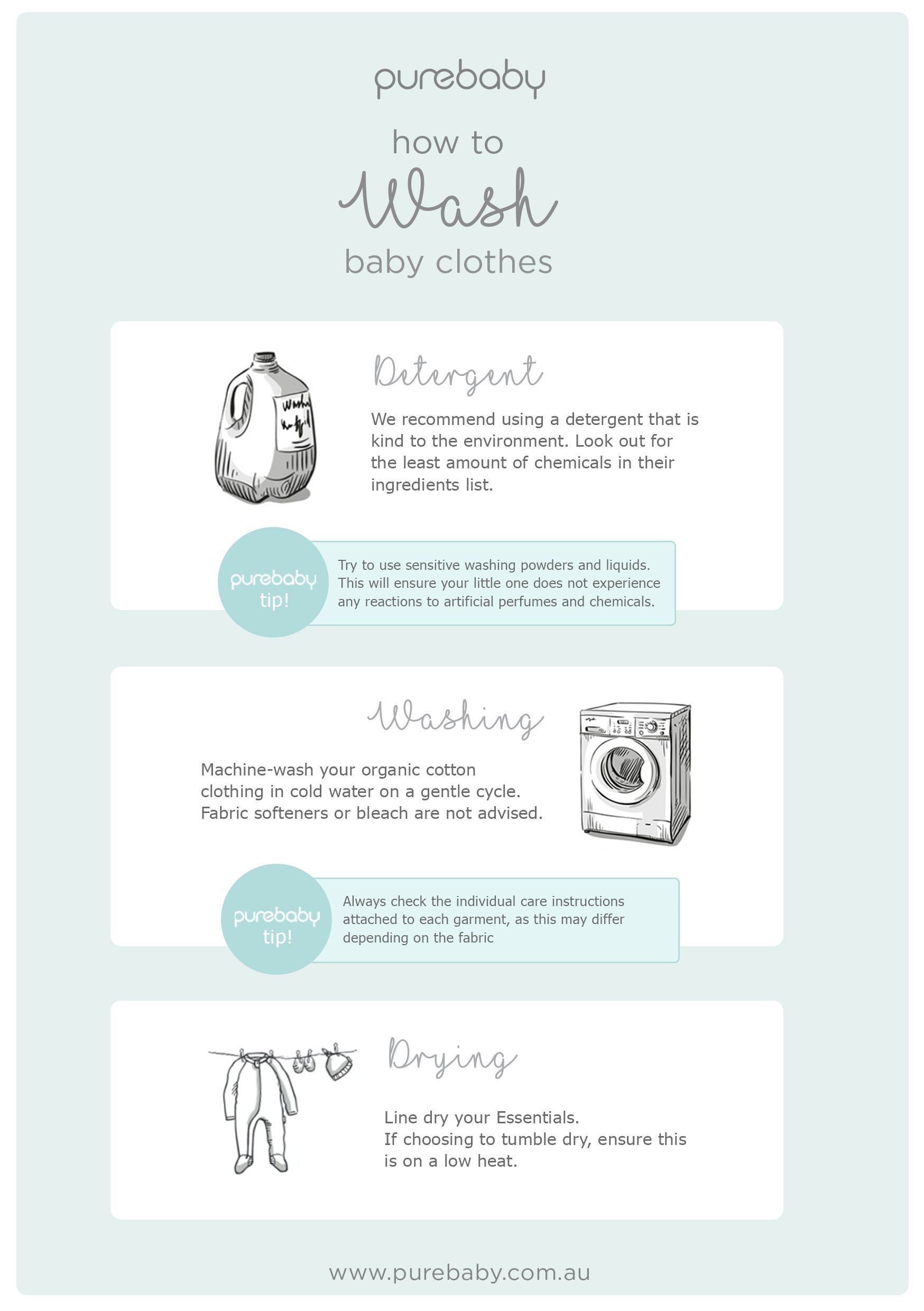 Purebaby infographic illustrating how to wash baby clothes, including detergent, washing and drying