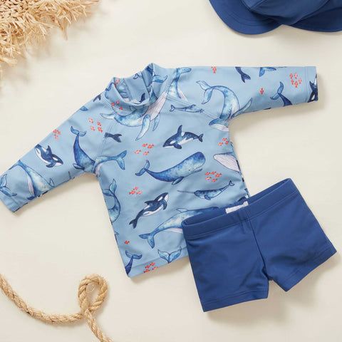 Blue whale print Purebaby long sleeve swim top and shorts