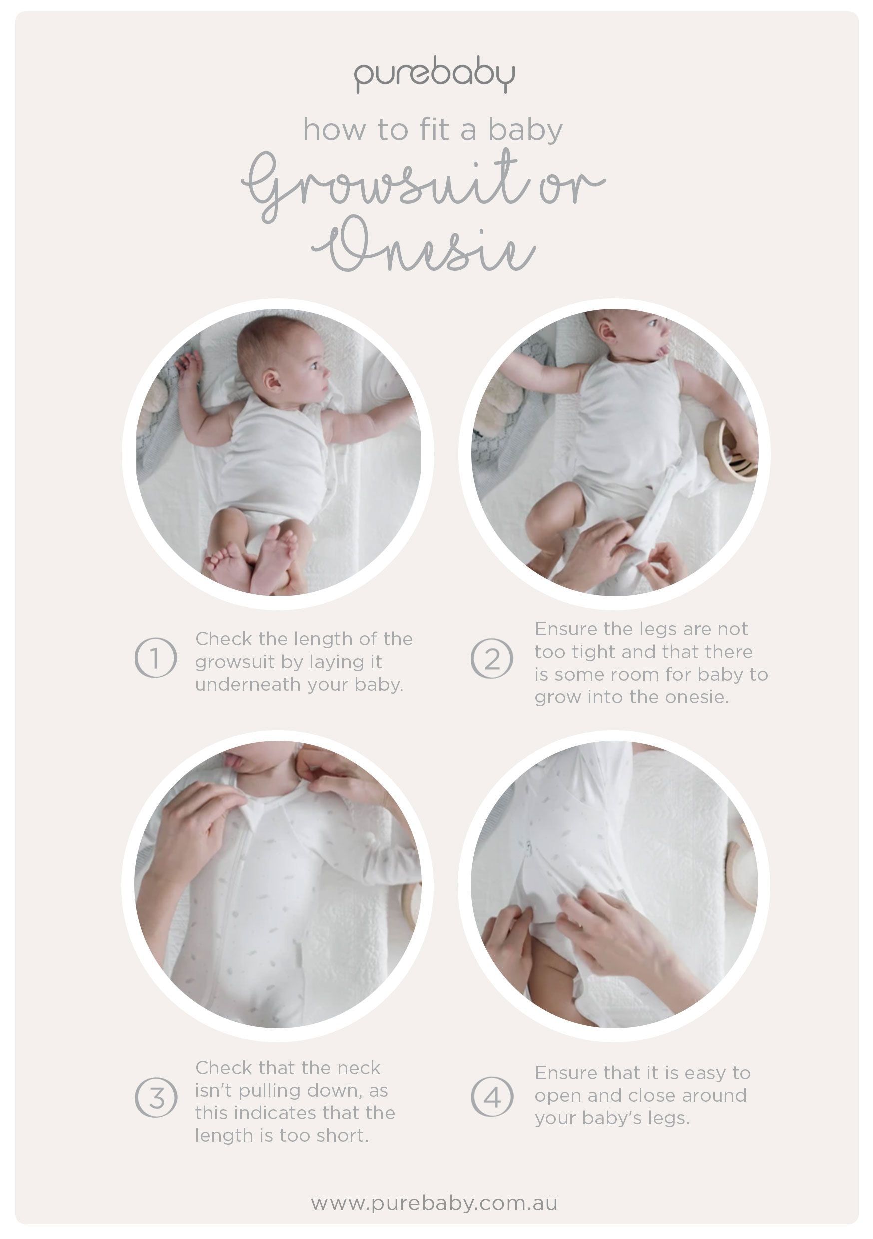 Purebaby How to Fit a Baby Growsuit or Onesie checklist