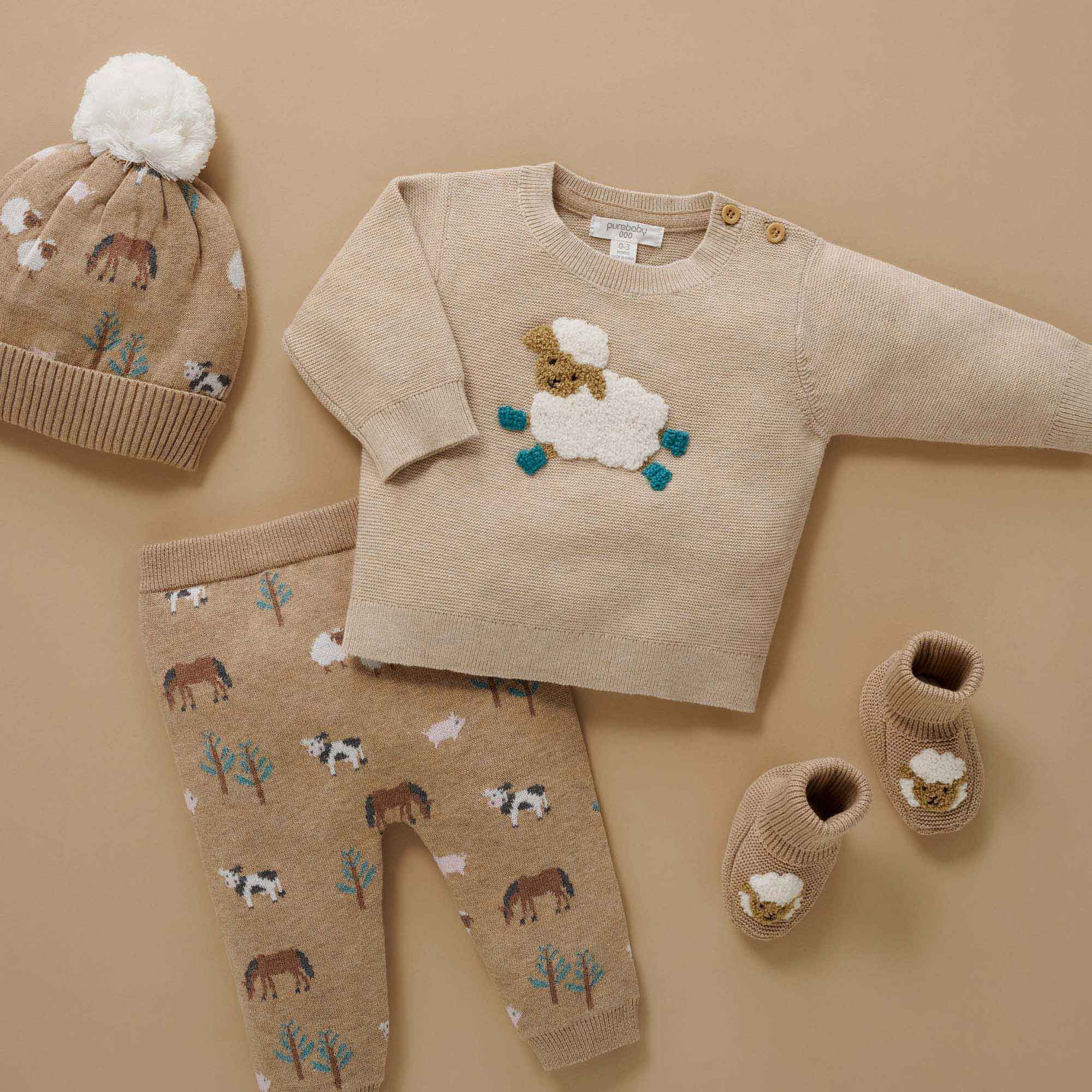Purebaby baby knitted sheep jumper, leggings, beanie and booties