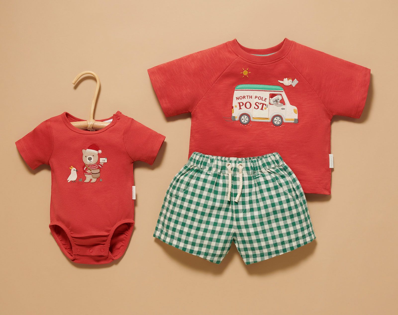 Red Purebaby Christmas bodysuit, tee and shorts
