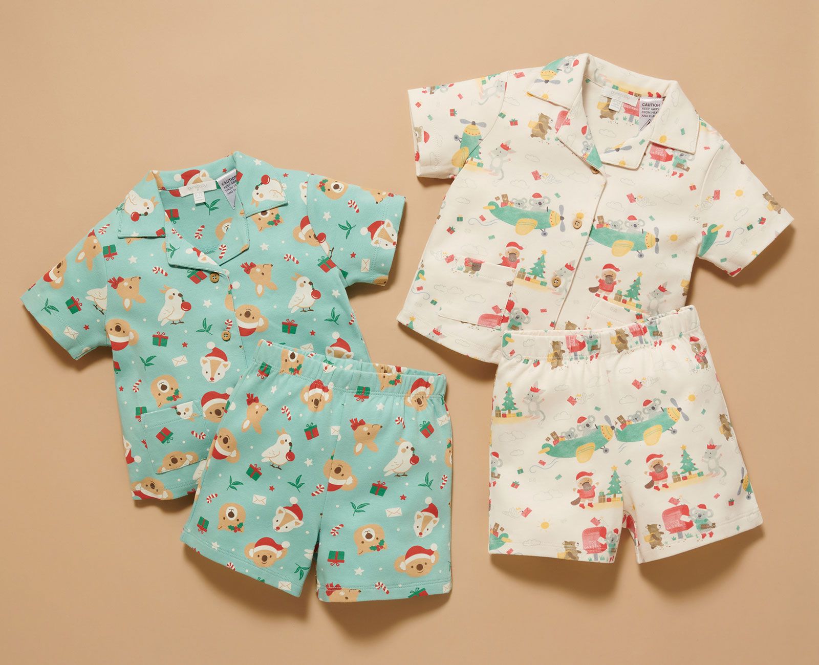 Green and white kids PJ sets with Christmas print