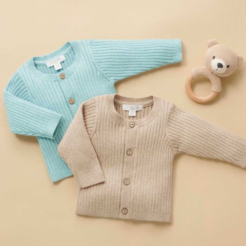 2 Purebaby baby knitted cardigans and bear rattle