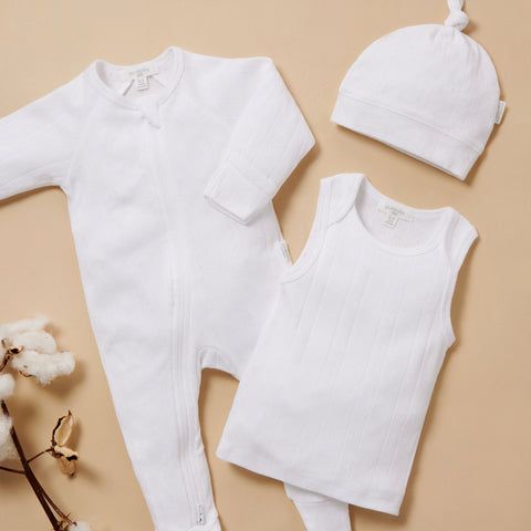 Purebaby white pointelle growsuit, singlet bodysuit and hat with cotton plant