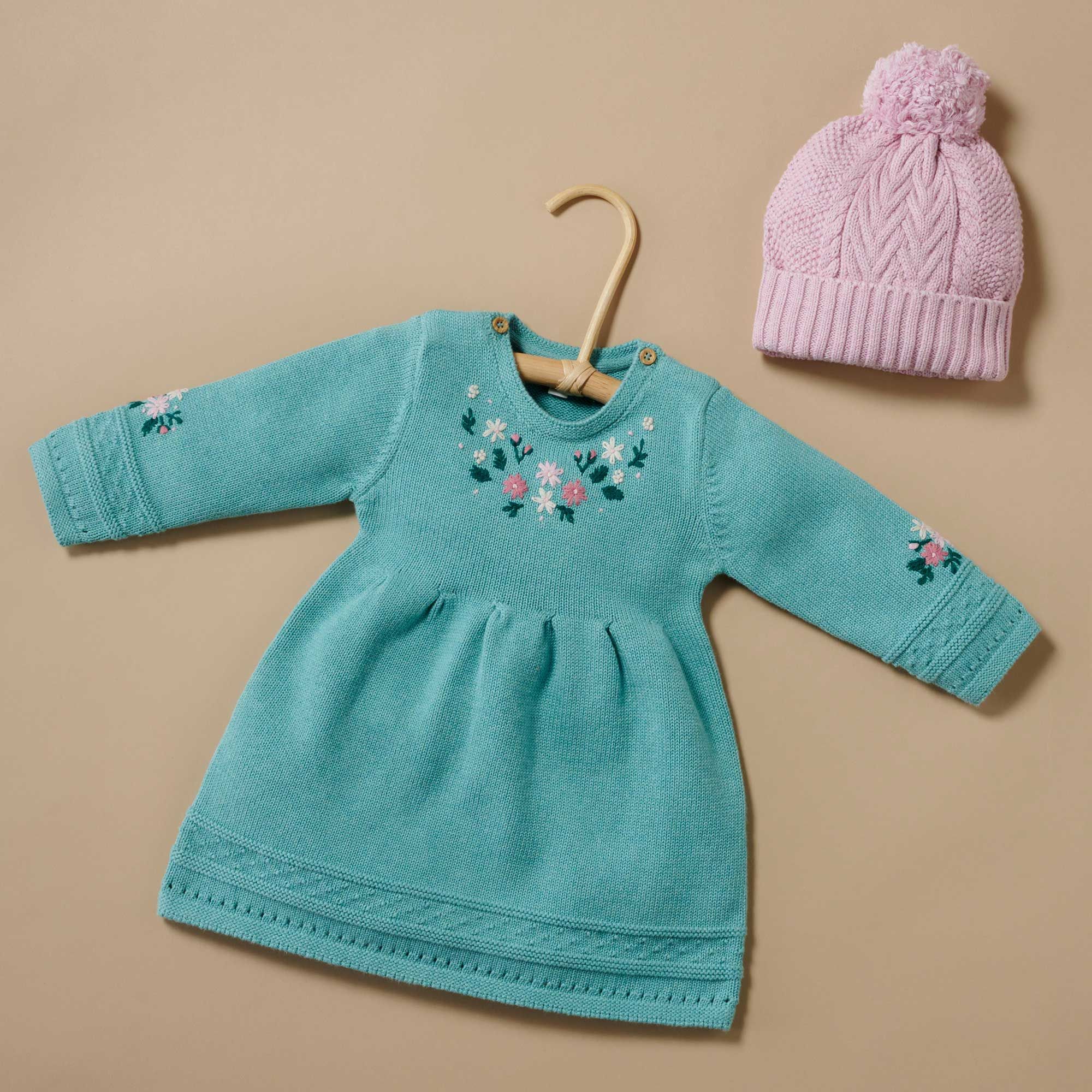 Green organic cotton baby knit dress and beanie
