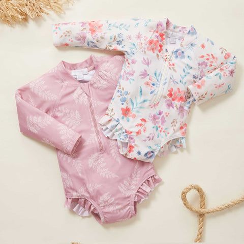 2 pink floral Purebaby one piece swimsuits