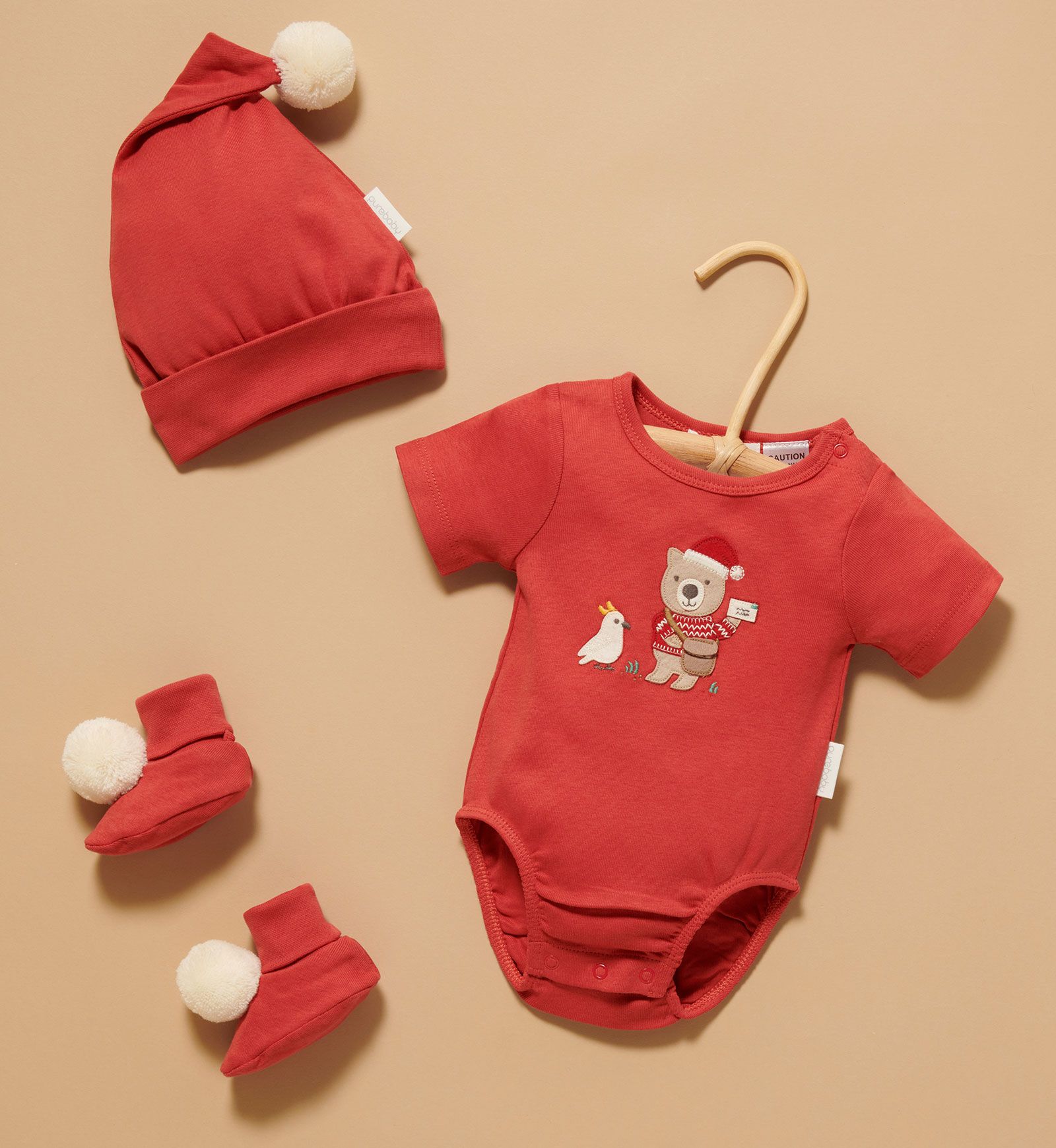 Red Purebaby Christmas bodysuit, Santa hat and booties
