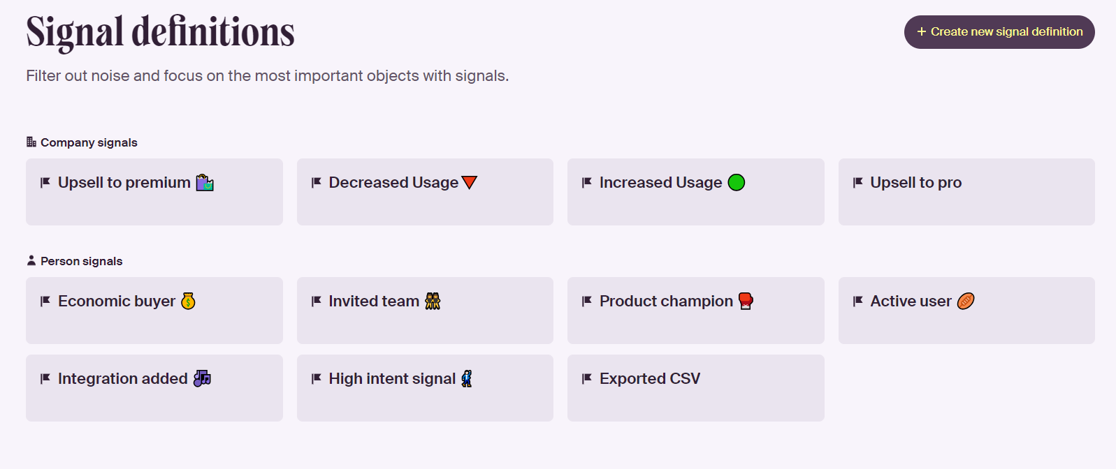 Breyta platform showing Signal definitions section