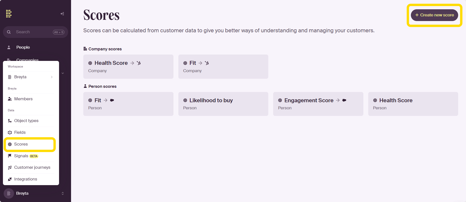Breyta platform screenshot showing the Scores function