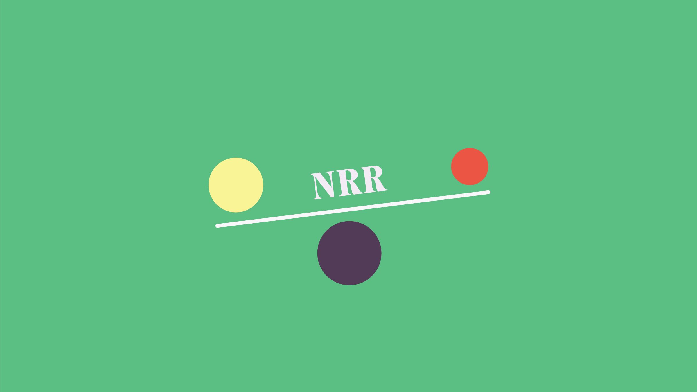 Yellow and red circles balancing on a line supported by a black circle, with the word "NRR" in the middle of the line