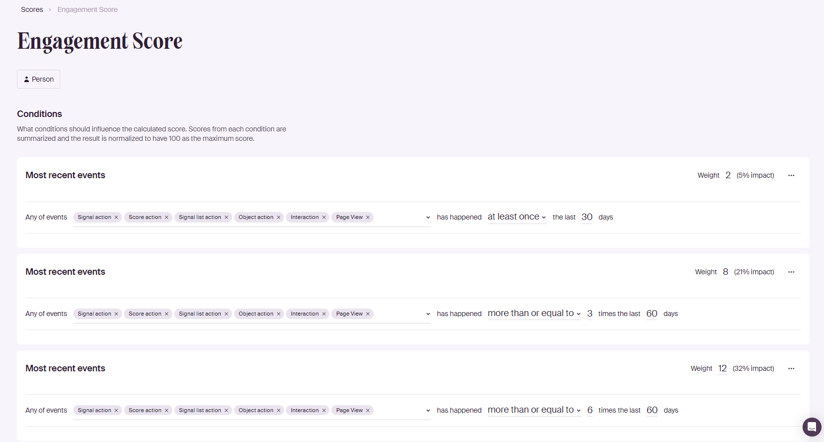 Breyta platform screenshots showing the Engagement Score with "Most recent events" fields
