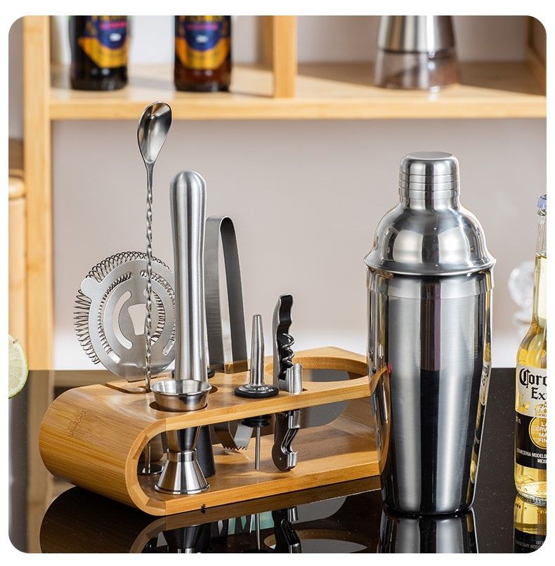 Silver-Tone Shaker Set with Bamboo Stand