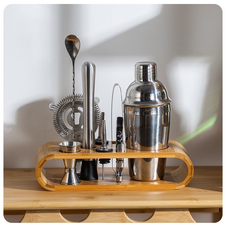 Silver-Tone Shaker Set with Bamboo Stand