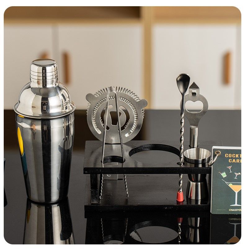 Stylish 7-Piece Cocktail Kit With Bamboo Stand & Recipe Card Slot