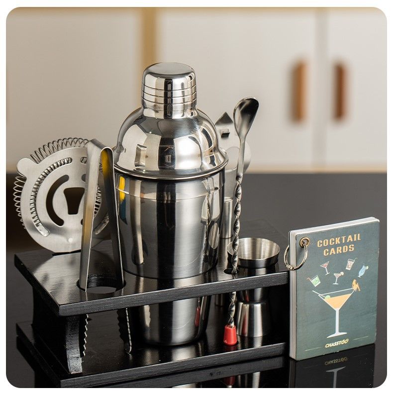 Stylish 7-Piece Cocktail Kit With Bamboo Stand & Recipe Card Slot