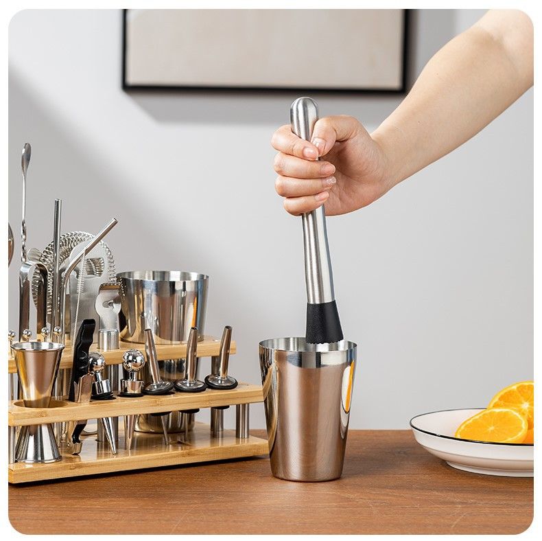 Boston Cocktail Shaker Set With 2-Tier Bamboo Stand
