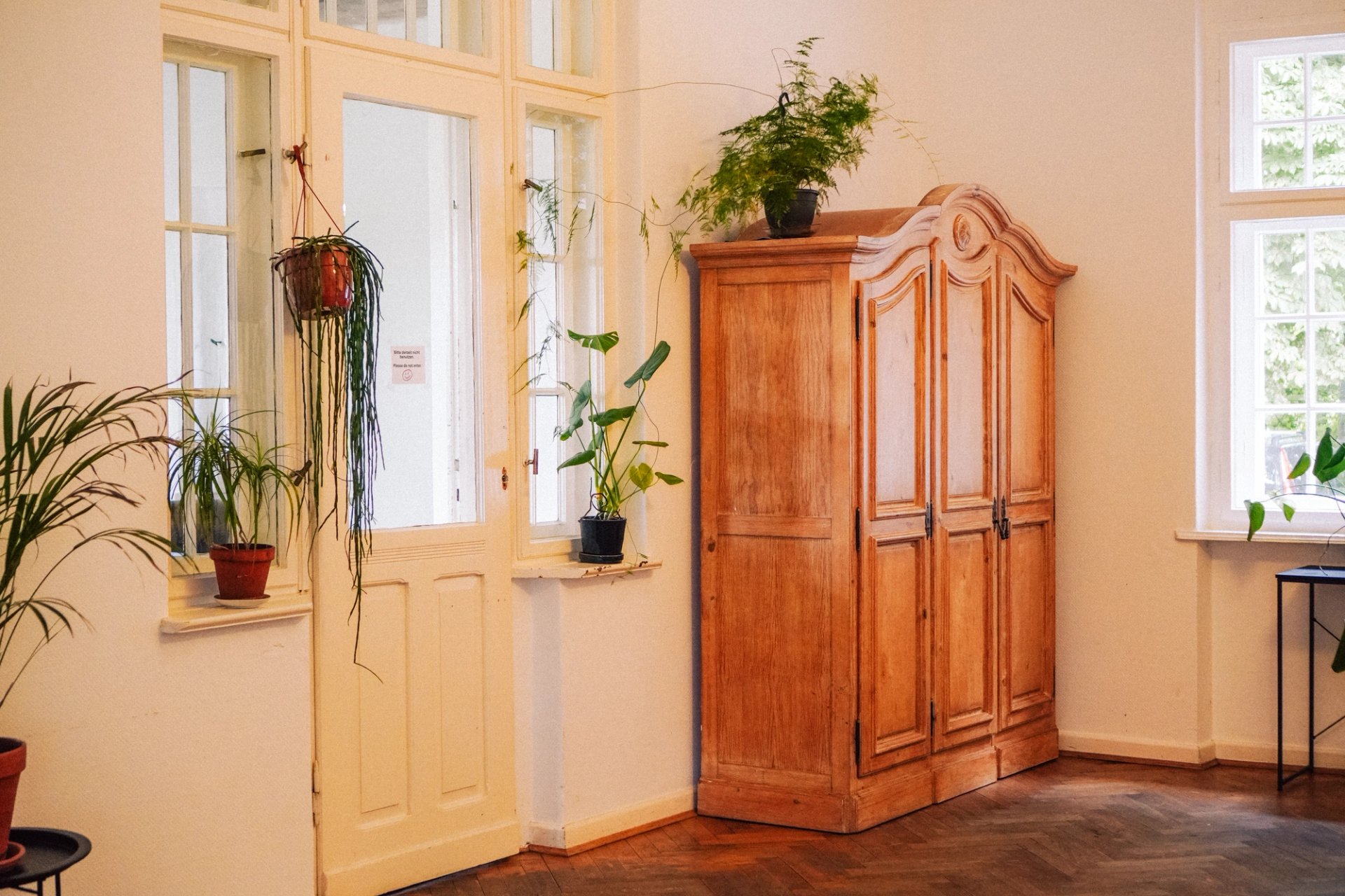 Großer Saal in der Villa Neupitz mit Holzschrank, Pflanzen und hohen Fenstern, Workshopraum für Team-Retreats