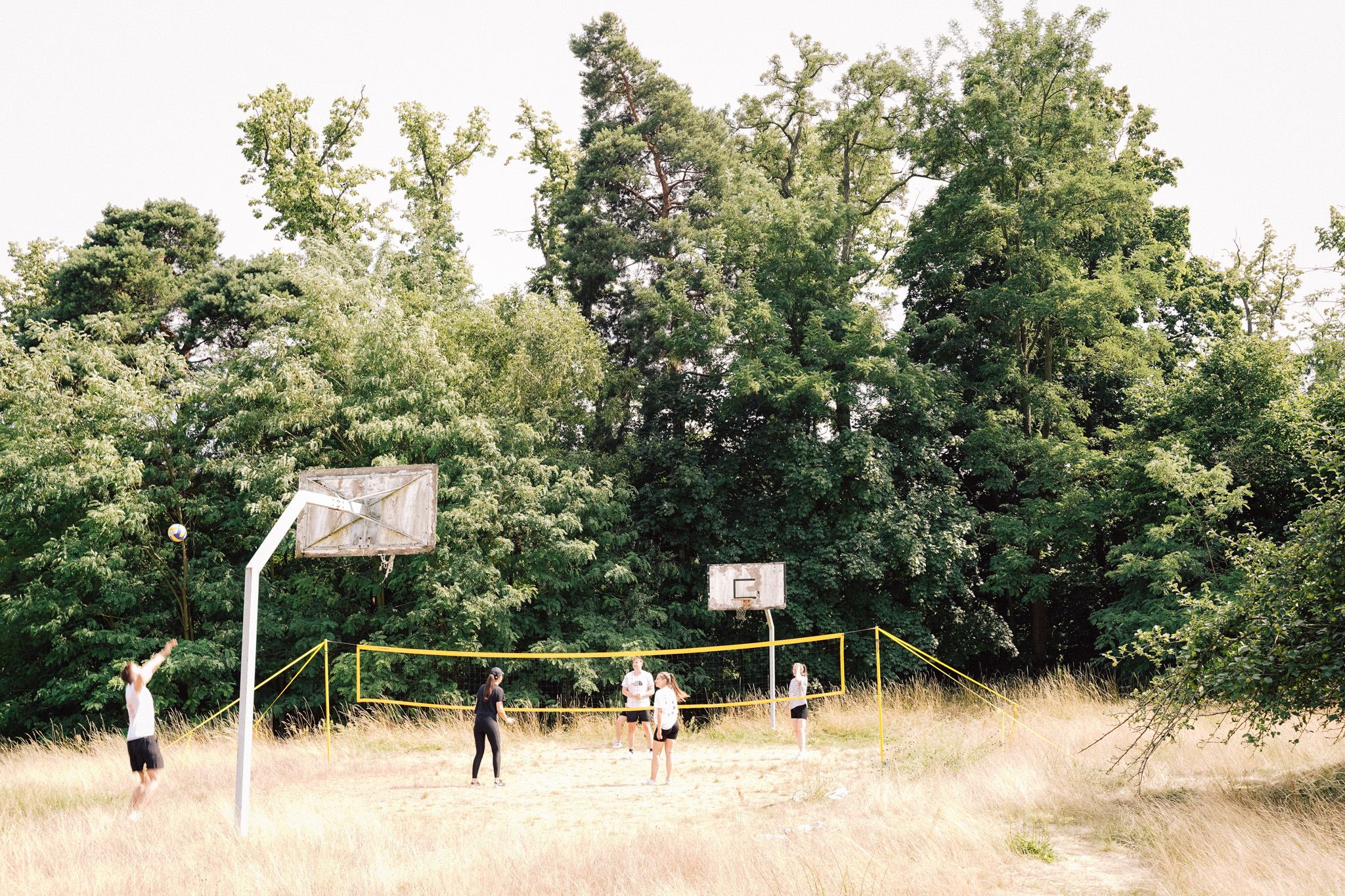 Gruppe spielt Volleyball auf dem Sandplatz, Teambuilding beim Offsite