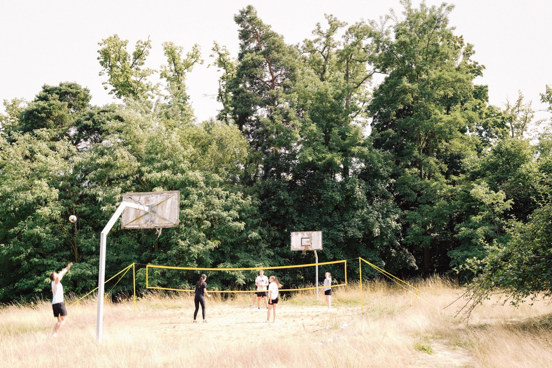 Gruppe spielt Volleyball auf dem Sandplatz, Teambuilding beim Offsite