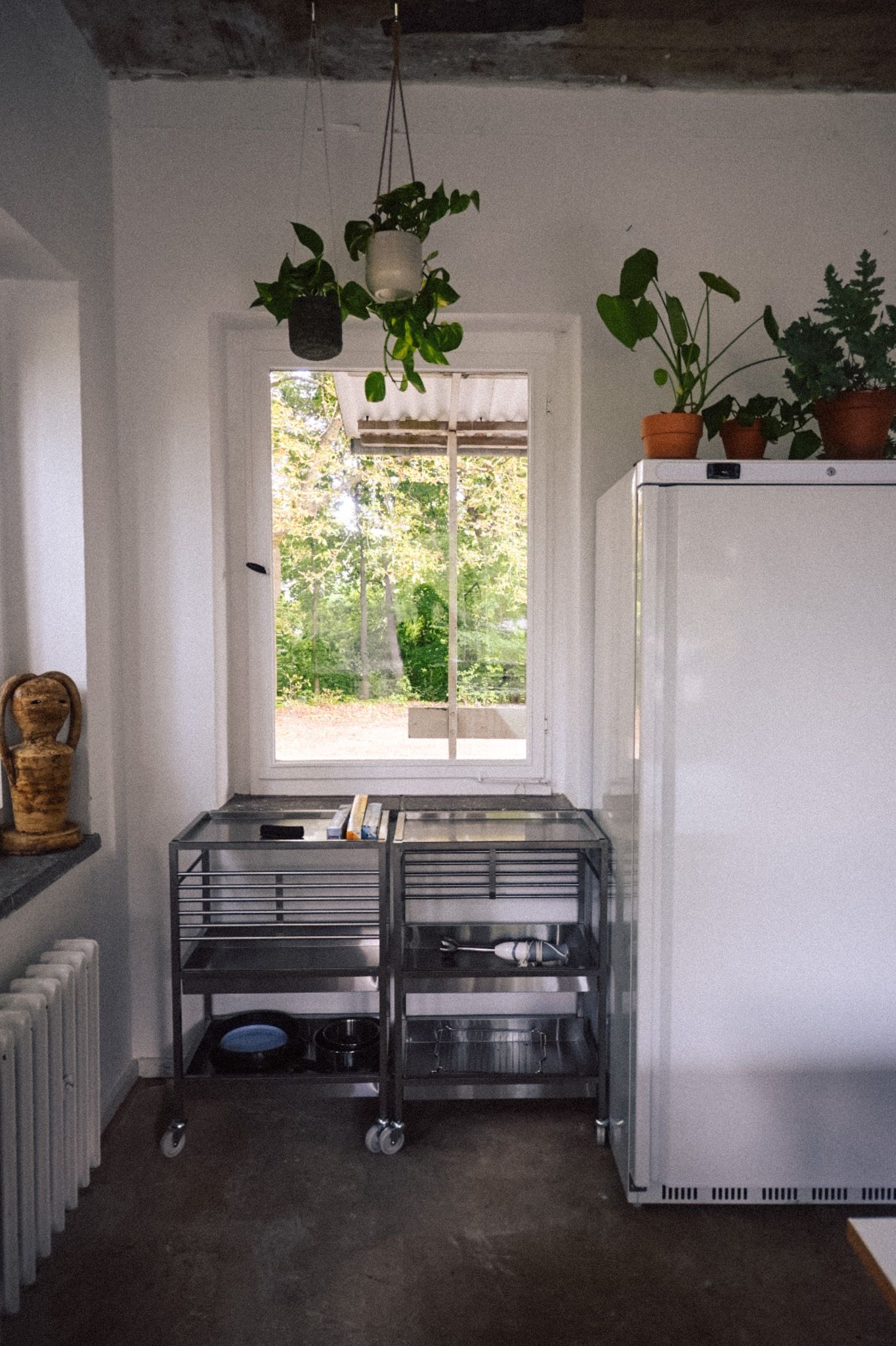 Kühlschrank, Servierwagen und Pflanzen am Fenster im Wintergarten