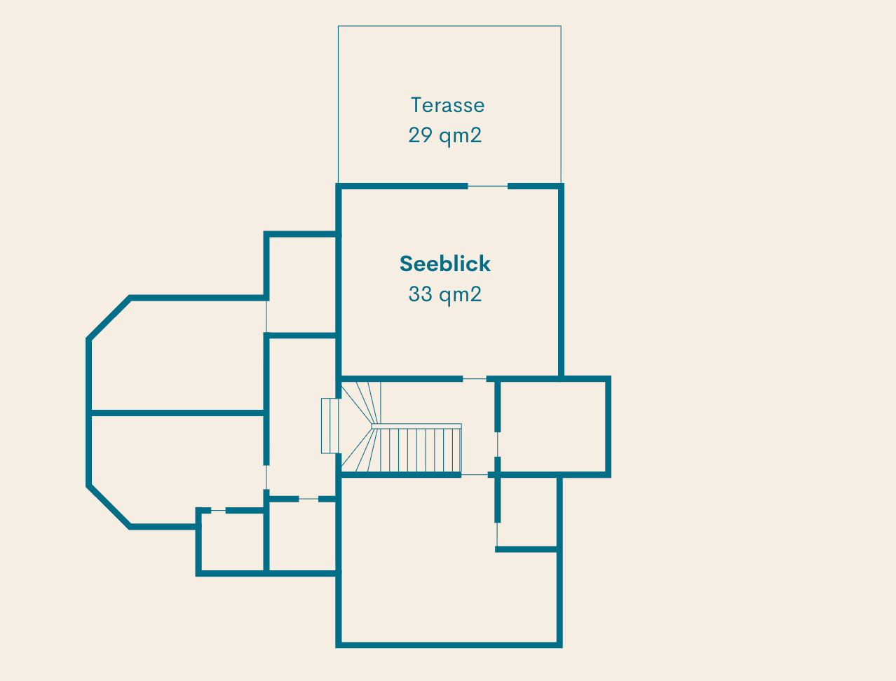 Grundriss mit Workshopraum Seeblick, 33 Quadratmeter, und Dachterrasse, 29 Quadratmeter
