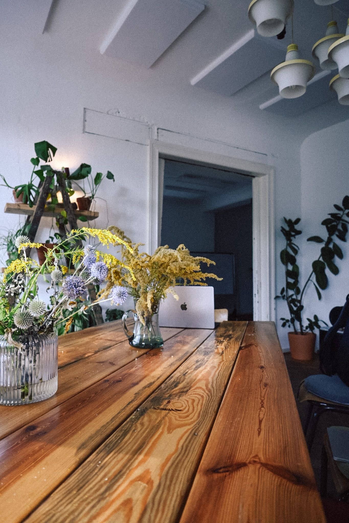 Coworking-Bereich in Neupitz mit langer Holztafel, Blumen und Laptop