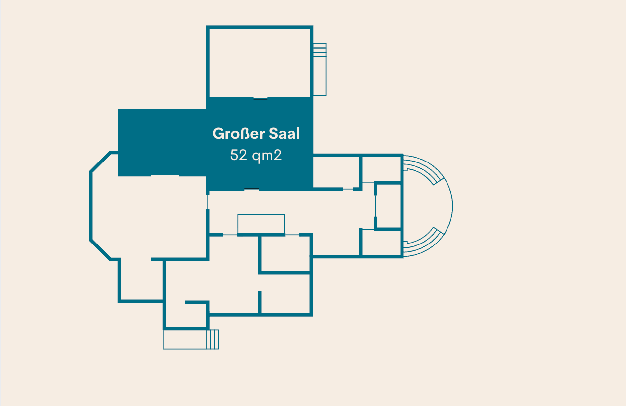Grundriss der Villa Neupitz mit markiertem Großen Saal, 52 Quadratmeter