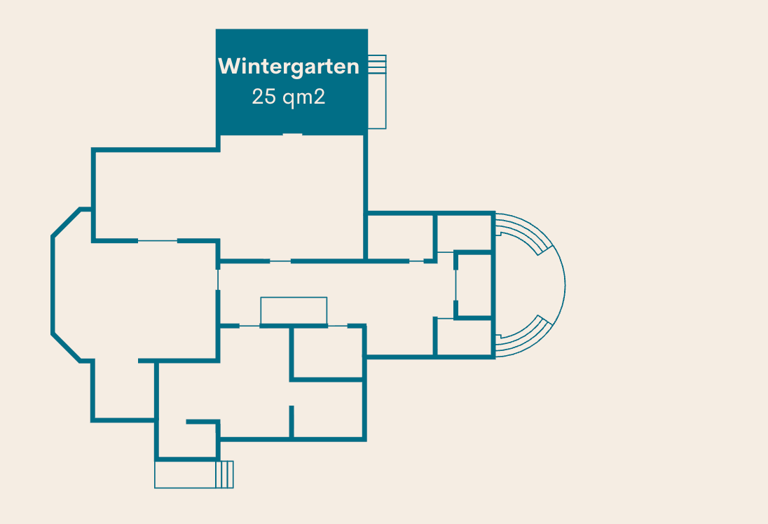 Grundriss der Villa Neupitz mit markiertem Wintergarten, 25 Quadratmeter