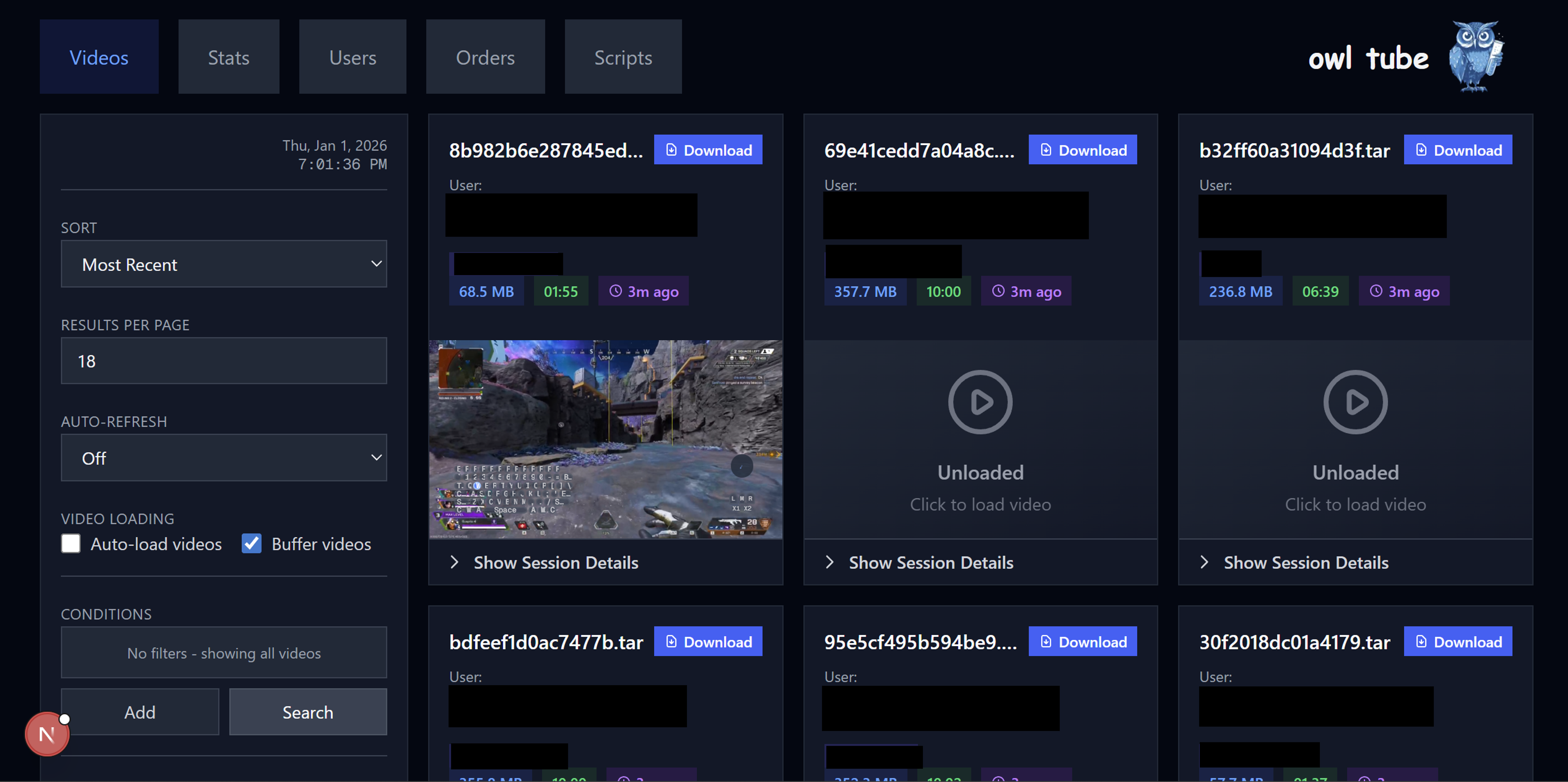 Dashboard for browsing game footage