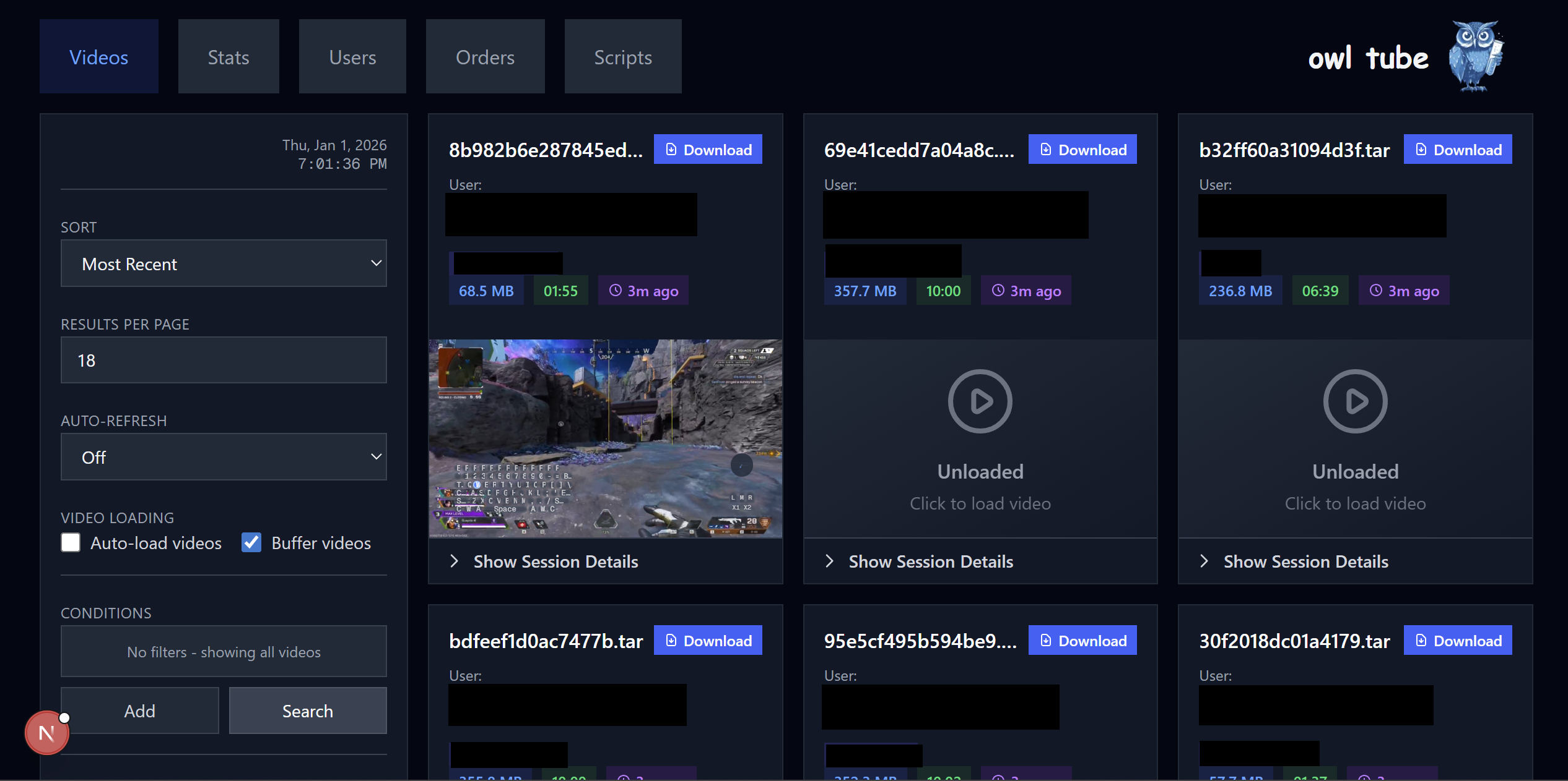 Dashboard for browsing game footage