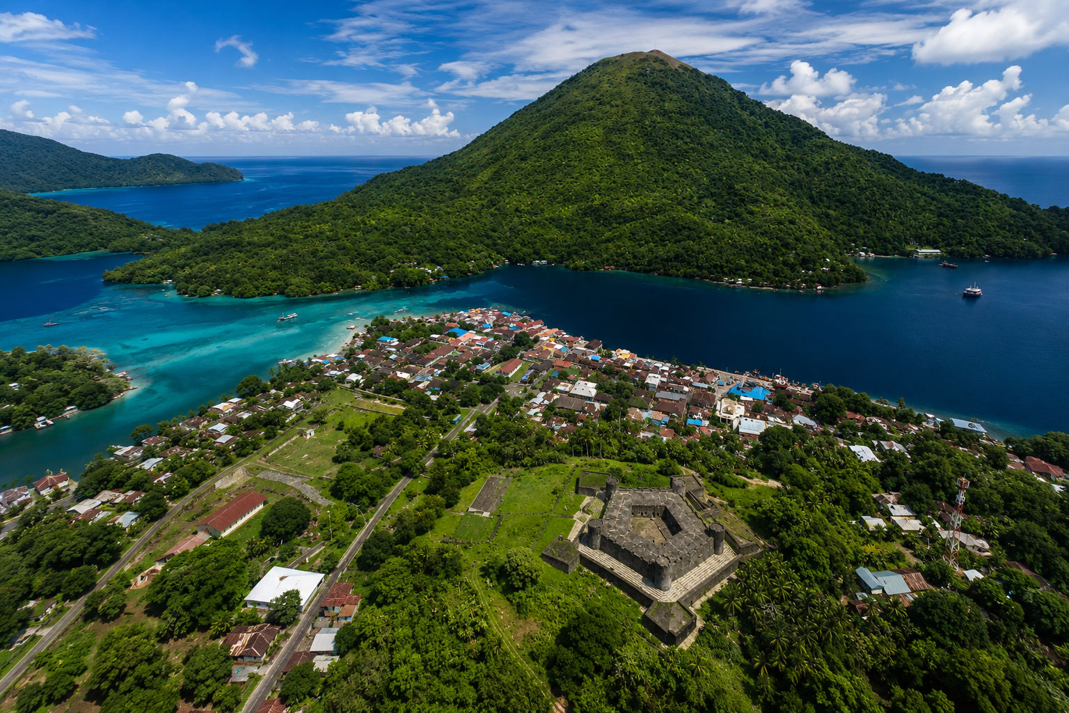 Aerial view of Banda Neira town, Fort Belgica and a volcanic cone