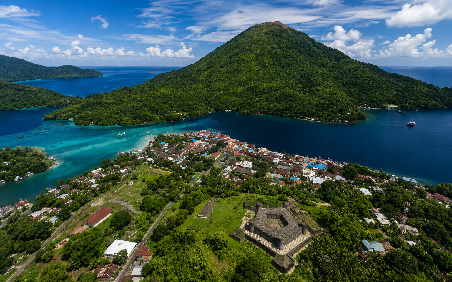 Aerial view of Banda Neira town, Fort Belgica and a volcanic cone
