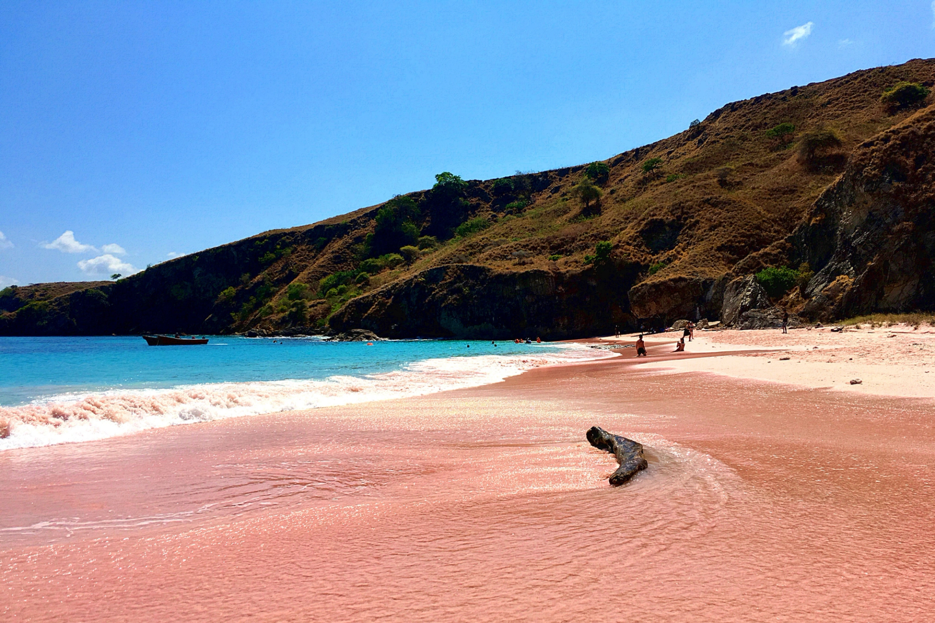 Pink sand beach meeting turquoise shallows below dry Komodo hills