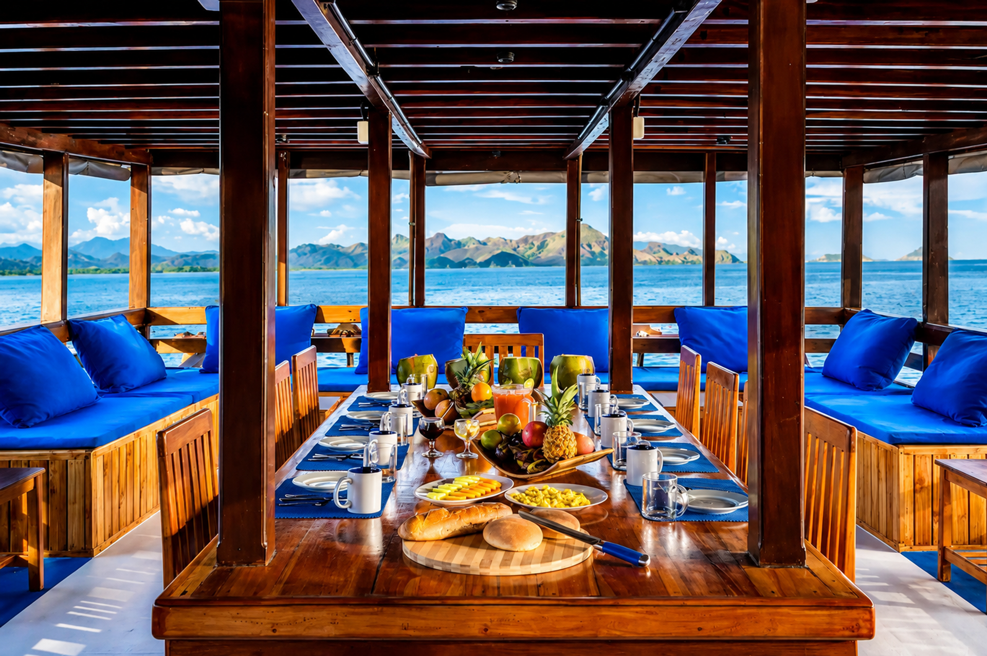Long communal dining table set with fresh fruit and drinks in the boat's al fresco saloon