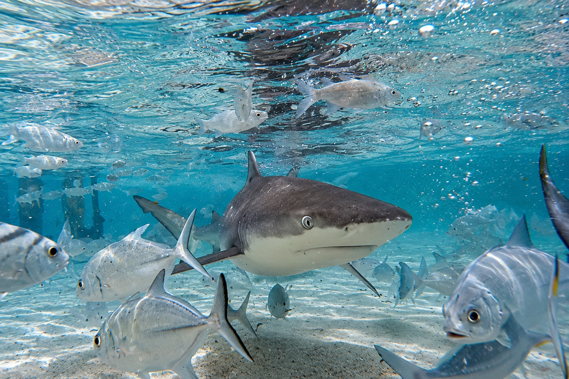 Reef shark swimming among tropical fish in Misool, Raja Ampat, Indonesia