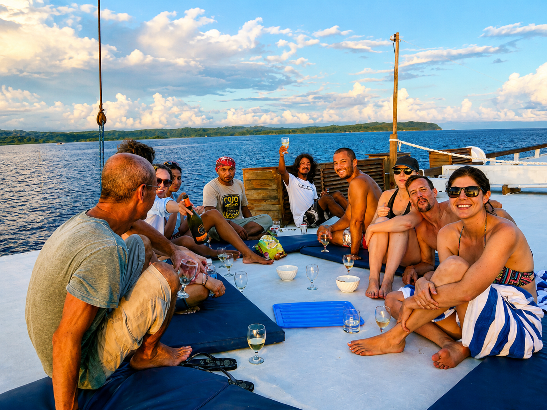 Guests and crew sharing sunset drinks on the deck of Mari Liveaboard during a private charter