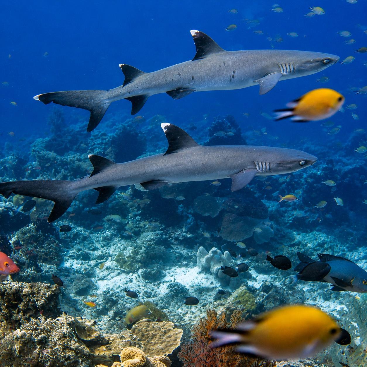 Two whitetip reef sharks cruising over a coral reef among schooling fish