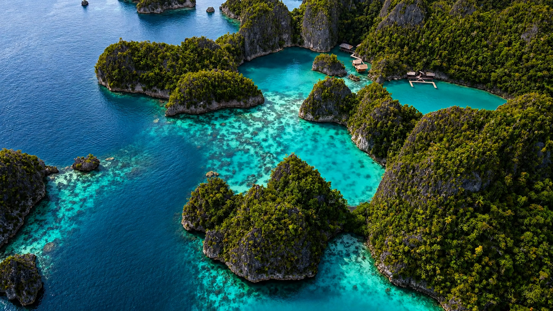 Aerial view of forested limestone islands and turquoise lagoons in Raja Ampat, Indonesia